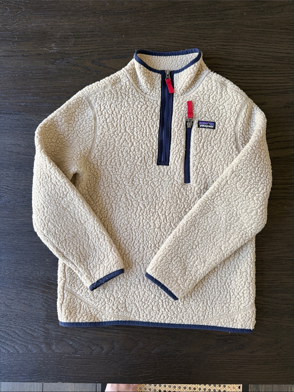 Patagonia Cream Sherpa Pullover with Navy Trim and Red Zipper Pulls